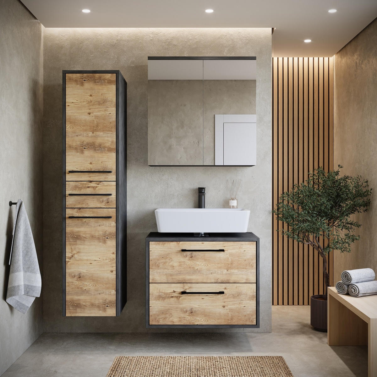 BADMÖBEL-SET Florence 3 Teile Kastanien Eiche mit Dunkel Grau - 60 x 35 x 51 cm - Eichefarben/Grau, Holz (60/51/35cm) - Badplaats