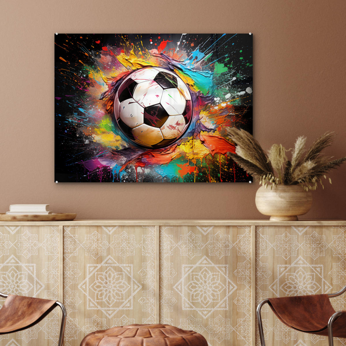 ACRYLGLASBILD Fußball - Farbe - Farben - Schwarz - Weiß 80x60 cm - Weiß, Glas (80/60cm) - MuchoWow