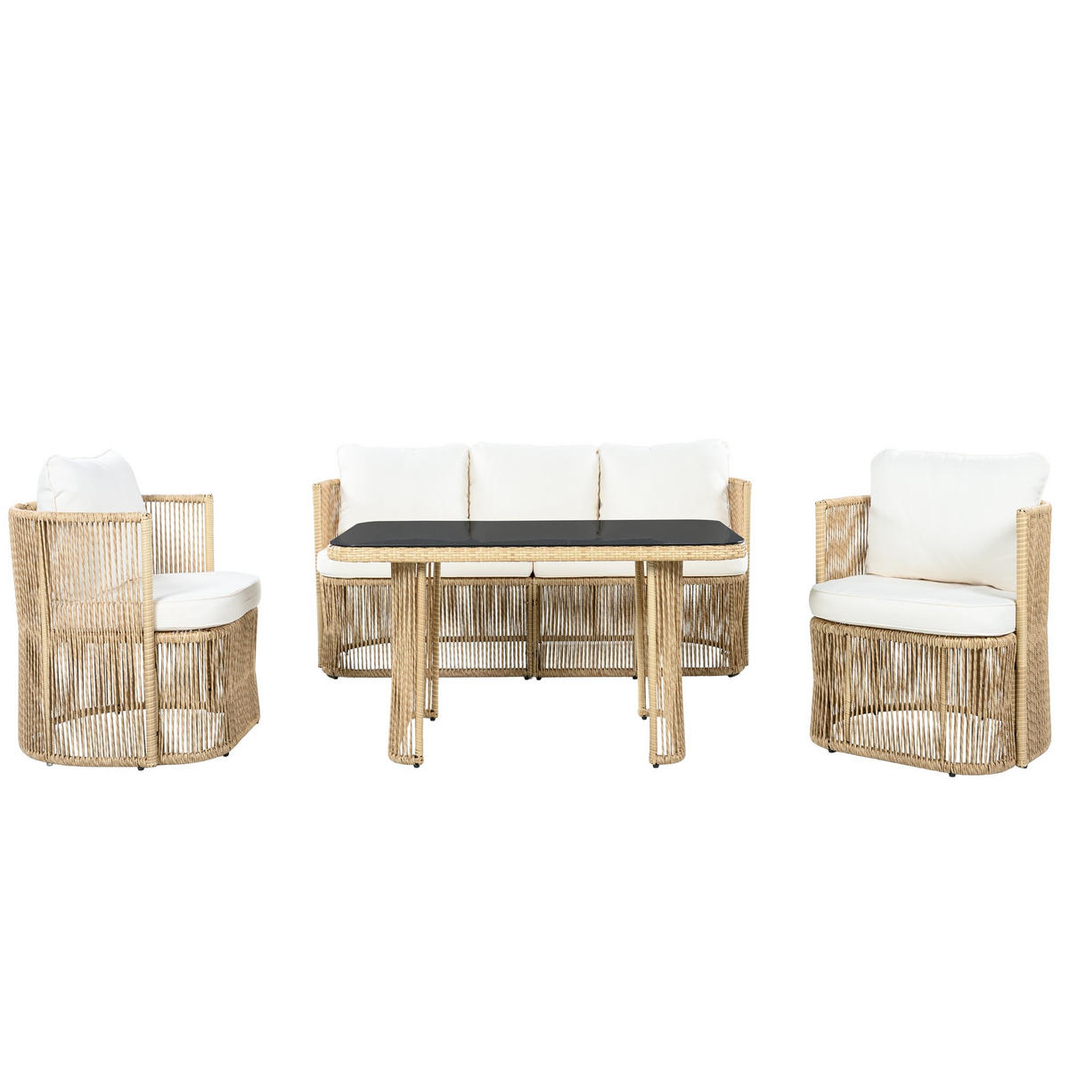 GARTENMÖBEL-SET 172,5/69/75 cm mit 3-Sitzer-Sofa, 2 Sesseln und Glastisch aus PE-Rattan, Beige/Schwarz/Weiß - Beige, Metall - Redom