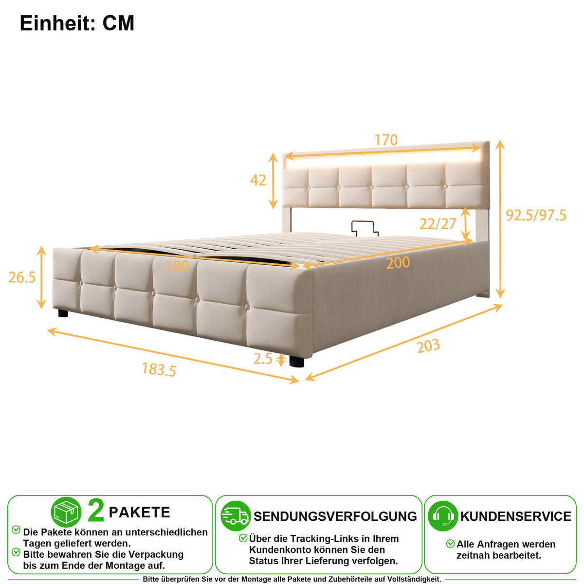 POLSTERBETT 180/200 cm in Beige mit LED, Lattenrost und Hydraulik aus Samt - Beige, Holzwerkstoff/Textil (180/200cm) - CHICFURN