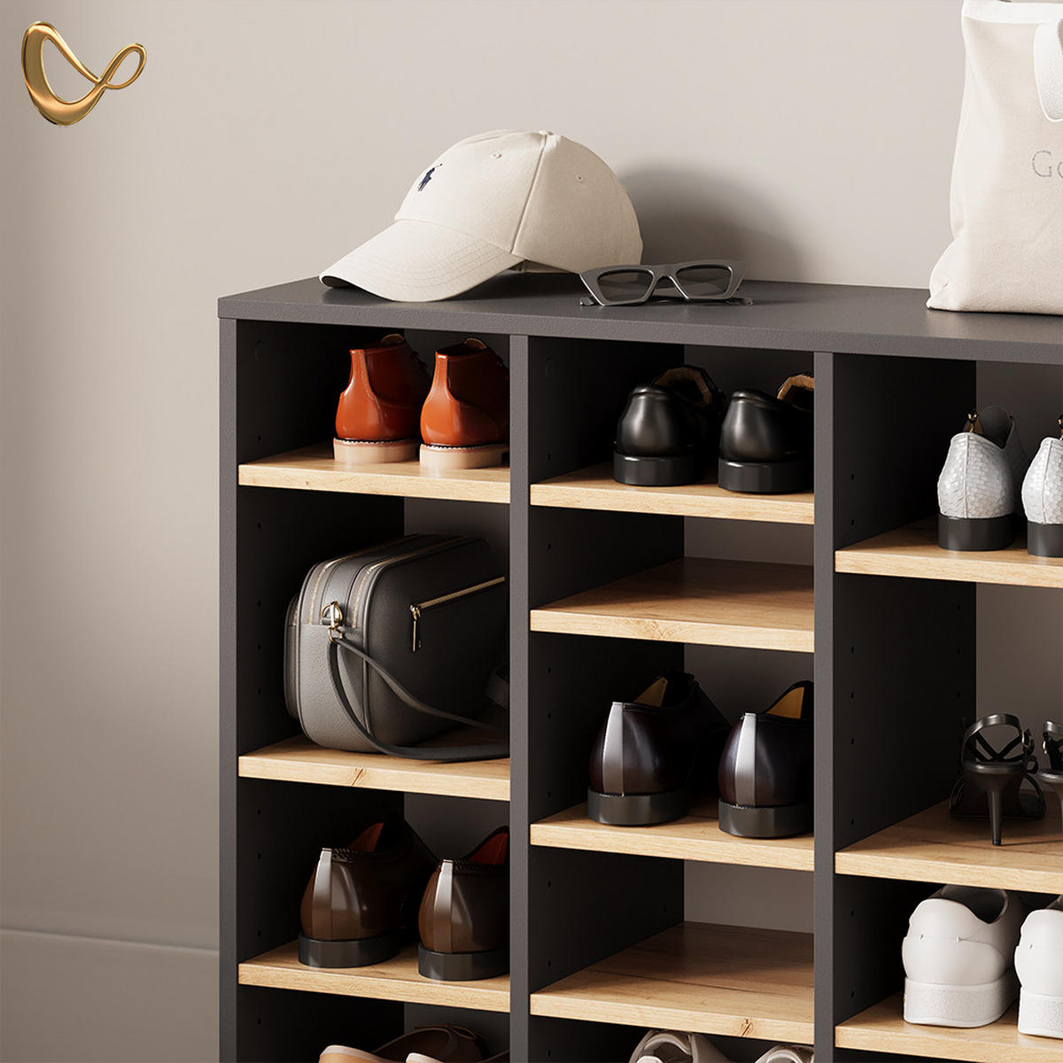 SCHUHSCHRANK Liguria Anthrazit 20 Fächer - Honigeiche/Anthrazit, Holzwerkstoff (104/99/33cm) - Livinity®