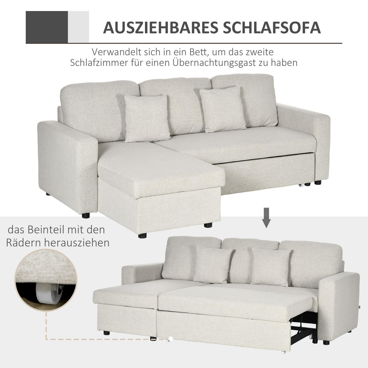 ECKSOFA mit Bettfunktion, Eckcouch inklusive 2er-Sitz Sofa, Einzelbett, L-Form - Weiß, Holzwerkstoff (140/225cm) - HOMCOM