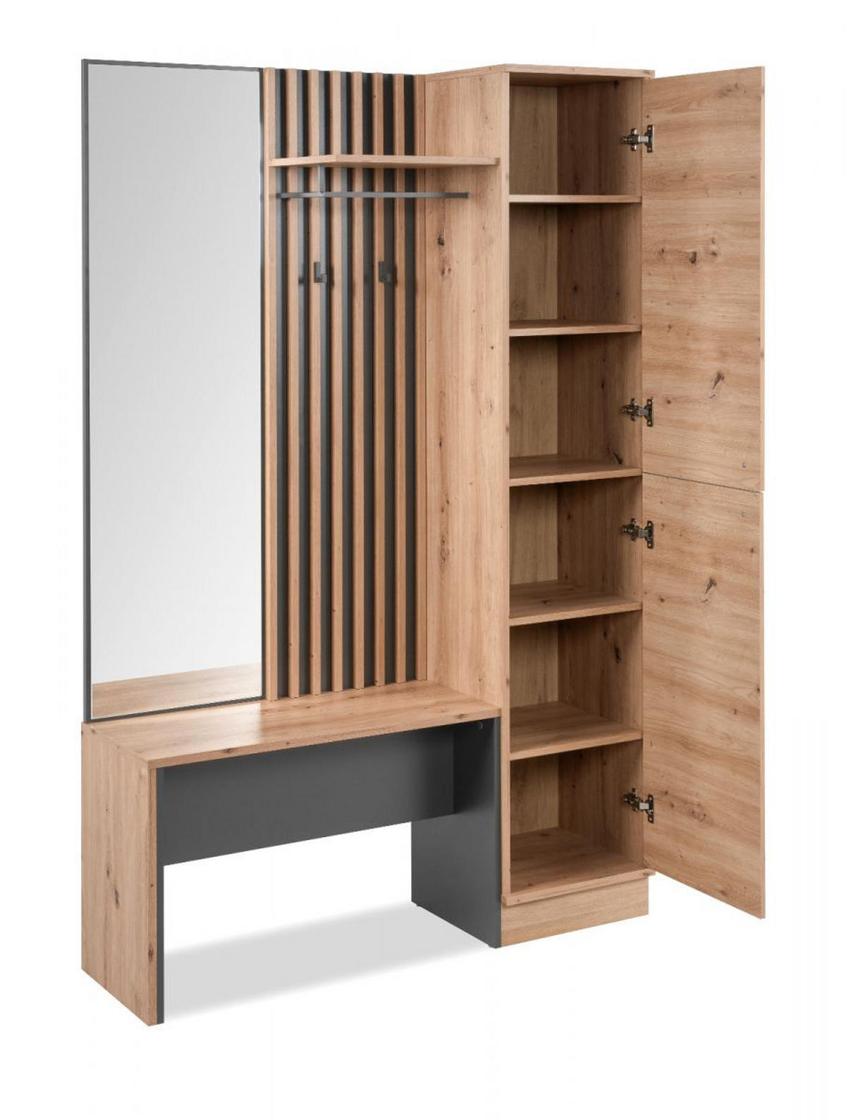 GARDEROBE Eiche Artisan, grau 122 cm, Kompaktgarderobe mit Spiegel - Anthrazit/Schwarz, Holzwerkstoff/Kunststoff (122/190/37cm) - Furn.Design
