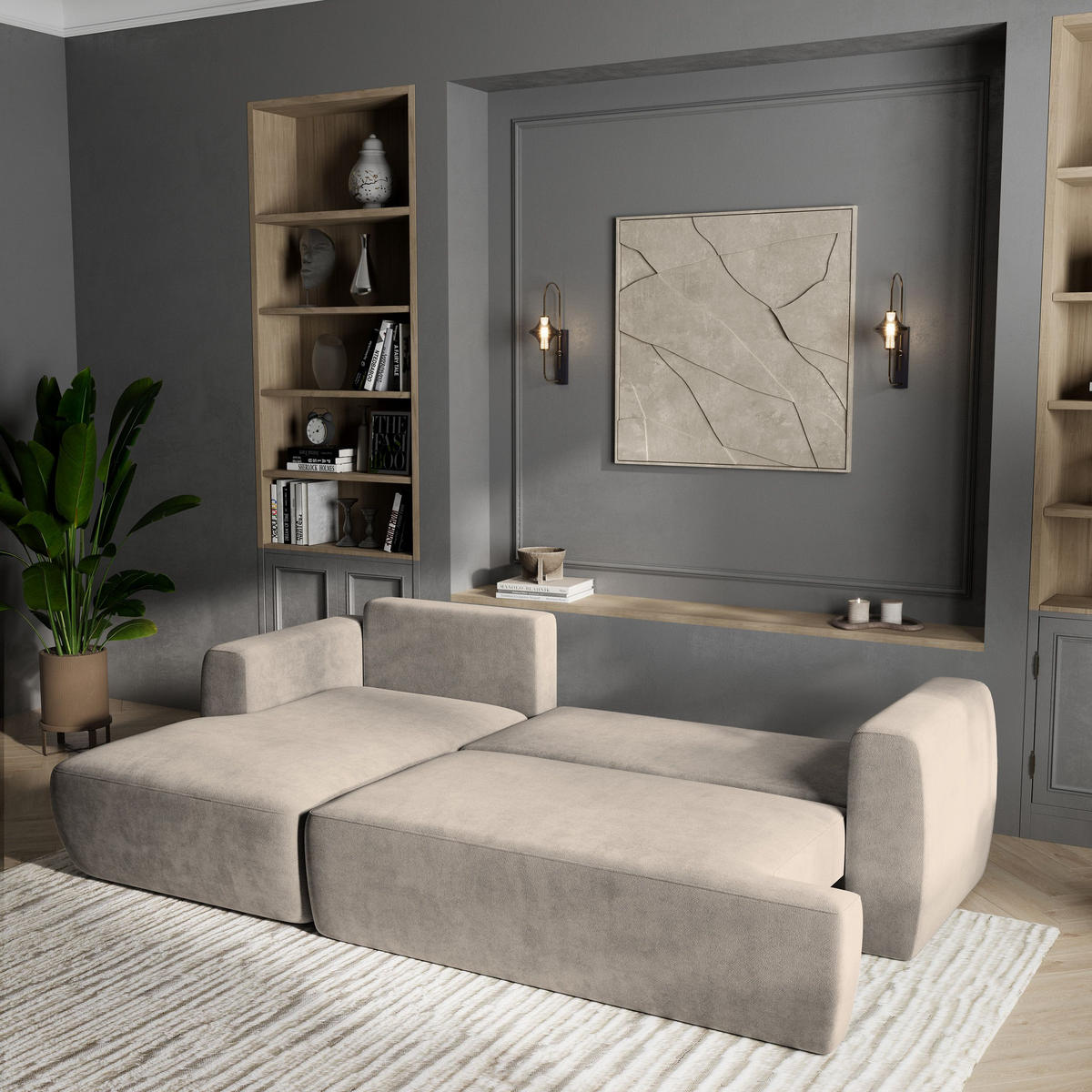 ECKSOFA SENTI K L-S Beige Plüsch-Stoff mit Schlaffunktion - Beige, Holz (246/148cm) - MASSENO