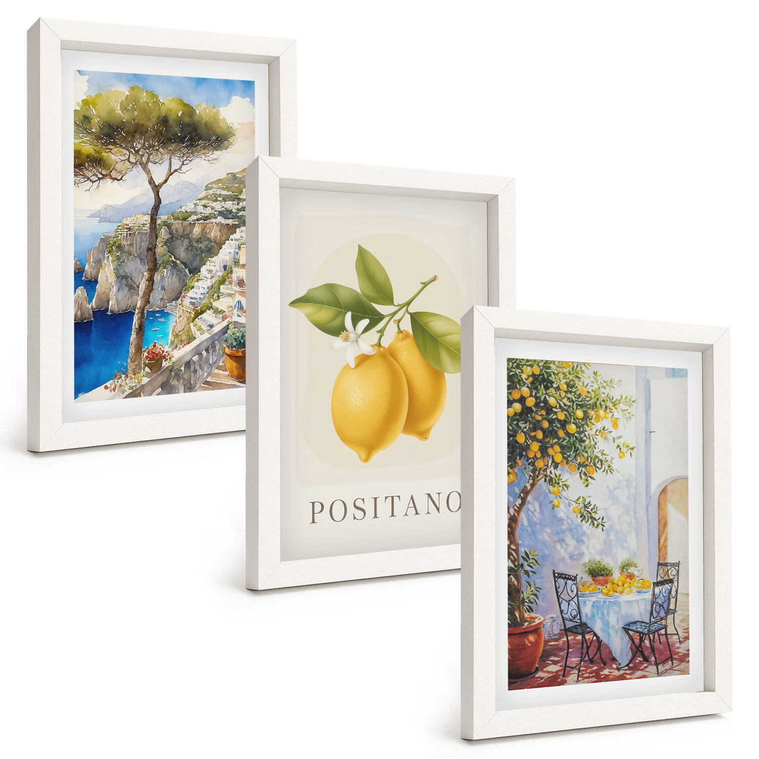 BILDER SET 3er Set - 20x30 cm Weißer Rahmen - Ansichten von Positano mit Zitronen - Weiß, Kunststoff (20/30cm) - TULUP