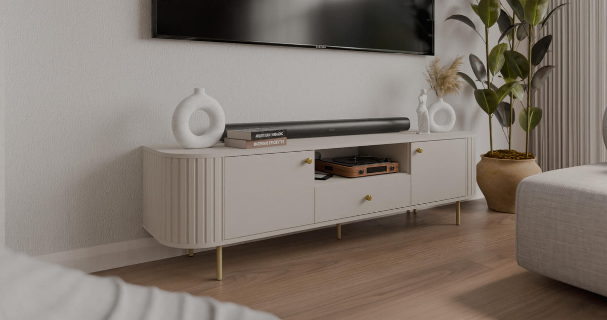 TV-SCHRANK Olivia 180 cm, mit 2 Türen, Schublade, geriffeltem Design, kaschmir, goldfarbenen Metallfüßen - Kaschmir, Metall (180/50/43cm) - Margaret Hadas24