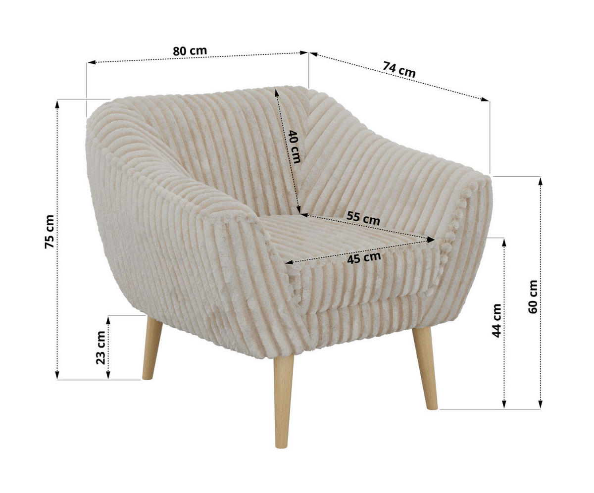 SESSEL PIRS - Beige Cord - Holzbeine - Beige/Buchefarben, Holzwerkstoff/Textil (80/75/74cm) - MKS