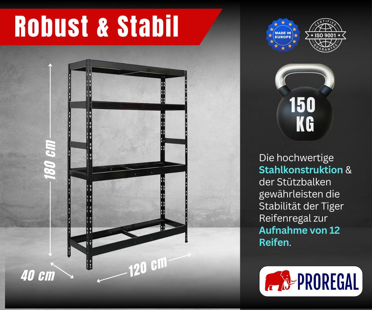 REIFENREGAL Tiger 180x120x40 cm bis zu 12 Reifen auf 2 Ebenen + 2 Ablagen Schwarz - Schwarz, Metall (120/180/40cm) - PROREGAL