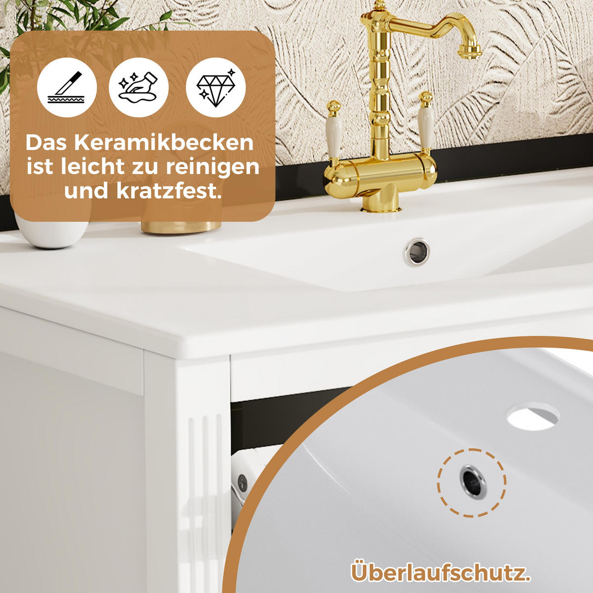 WASCHTISCHKOMBI 91.5/46.5/87 cm Weiß mit 2 Schubladen, ohne Wasserhahn - Goldfarben/Weiß, Holz/Holzwerkstoff (46.5/87/91cm) - Oxeza