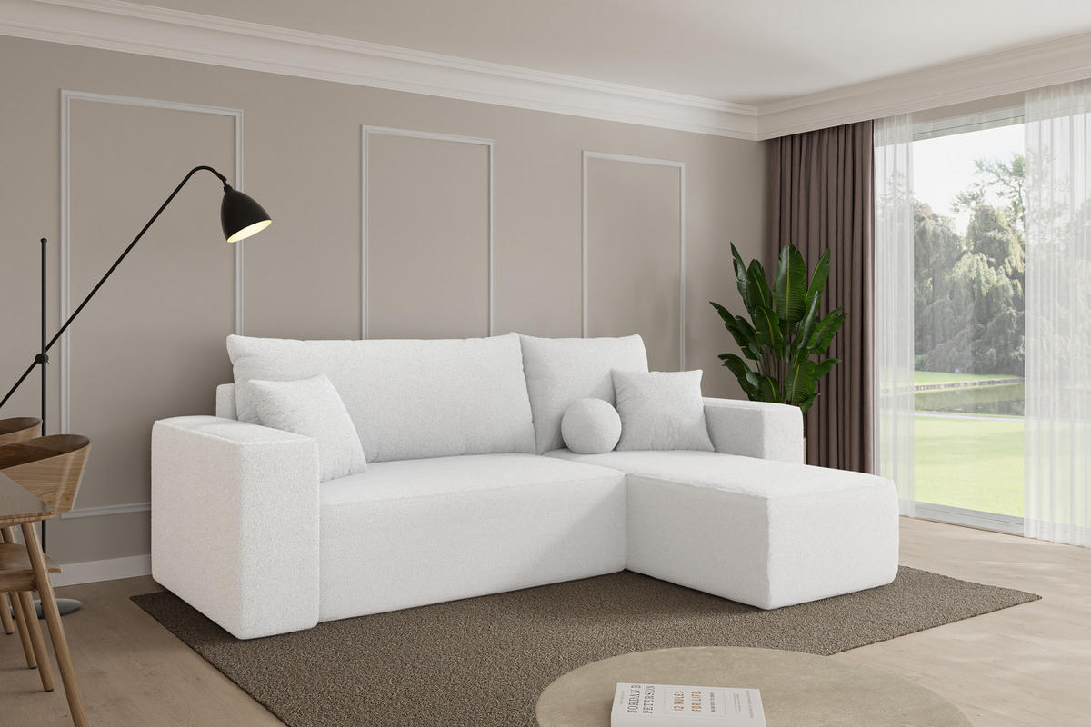 ROHOVÁ SEDAČKA s funkcí spaní, otoman vpravo SENO-L 249x139x85 bílá bouclé - bílá/černá, kompozitní dřevo/textil (249/139cm) - ALTDECOR