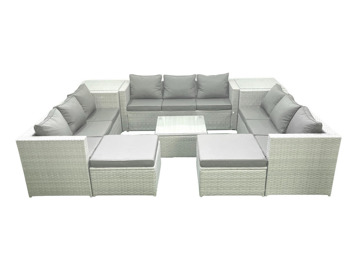 GARTENMÖBELSET mit 3-SITZER SOFA,COUCHTISCH Polyrattan Hellgrau-Mix 11-Sitzer - Hellgrau/Grau, Glas/Kunststoff - Fimous