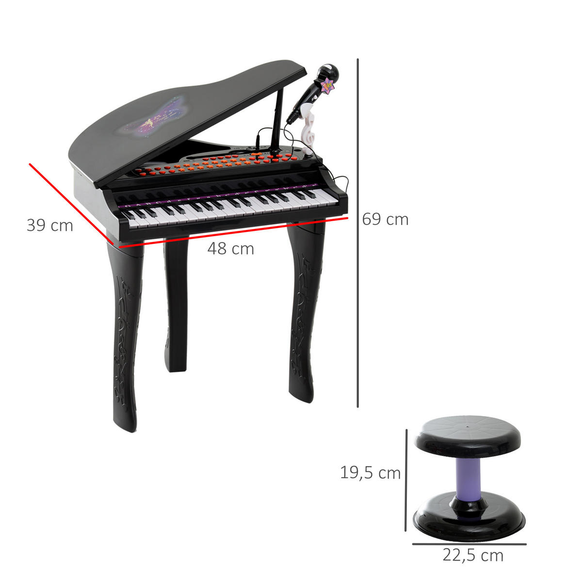 KINDER Klavier Piano - Schwarz, Kunststoff (39/69/48cm) - HOMCOM