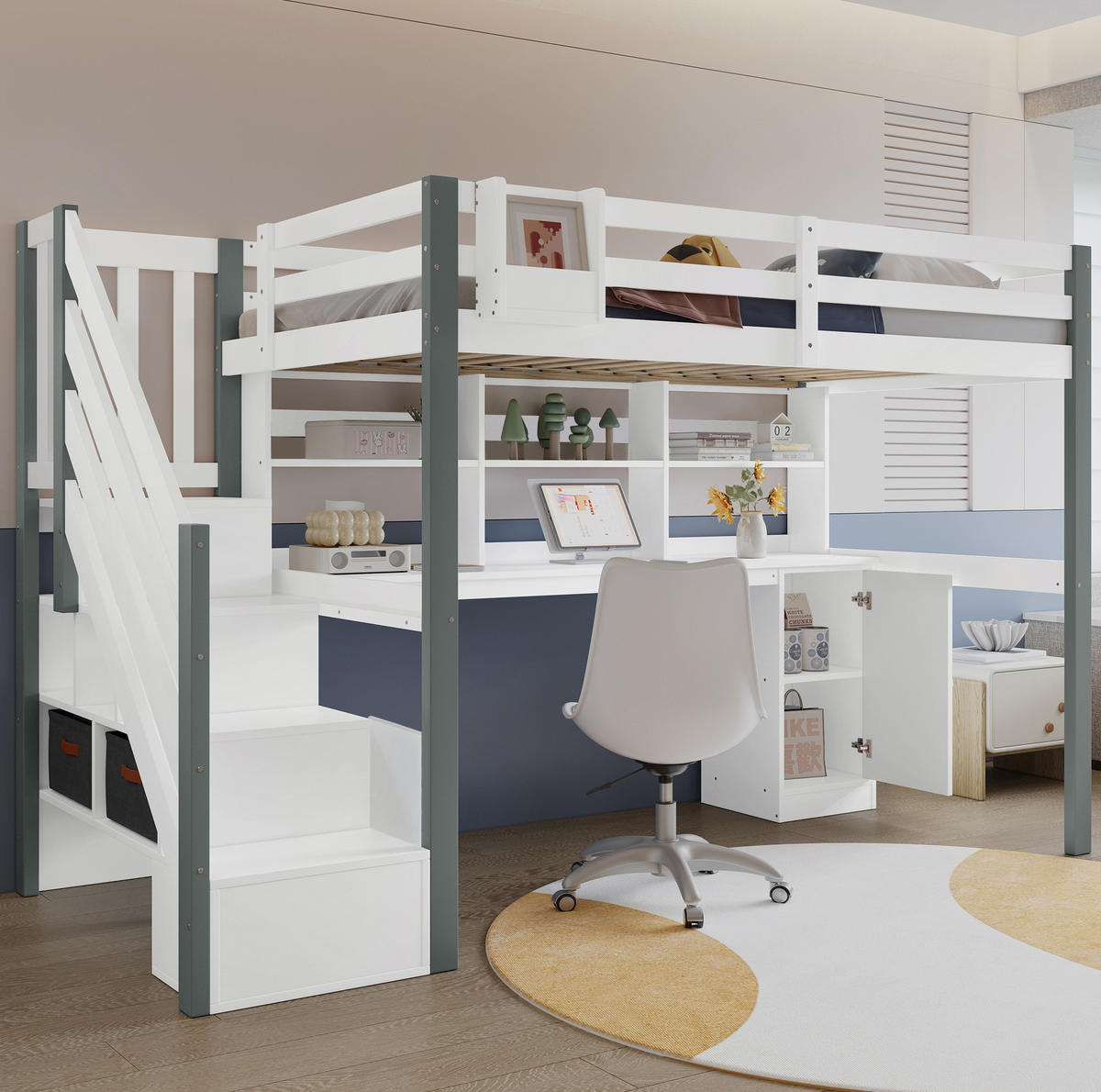 HOCHBETT Kinderbett 90/200 cm aus Kiefer/MDF mit Schreibtisch und Stauraumtreppe Weiß/Grau - Weiß, Holz (90/200cm) - Modenvie