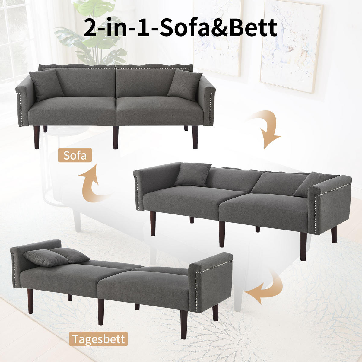 SOFA 2in1 Zweisitzer Liegefunktion Unabhängig Verstellbar Baumwoll-Leinen - Grau, Holz (92.71/19.05/80cm) - FLIEKS