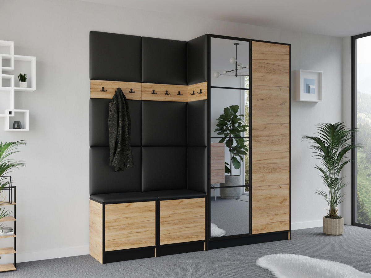 GARDEROBENSCHRANK EDEN 21 mit Spiegel - Eiche Craft Gold & Stoff Ökoleder Schwarz - Honigeiche, Holzwerkstoff (211/205/39cm) - Kier Furniture