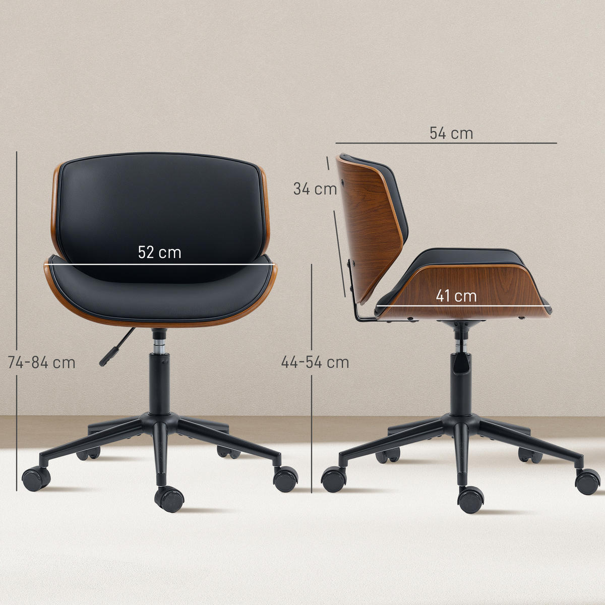 HOMEOFFICE Stuhl aus Kunstleder höhenverstellbar Drehstuhl bis 135 kg belastbar 52 x 54 x 74-84 cm Schwarz+Walnussbraun - Schwarz, Leder (52/84/54cm)