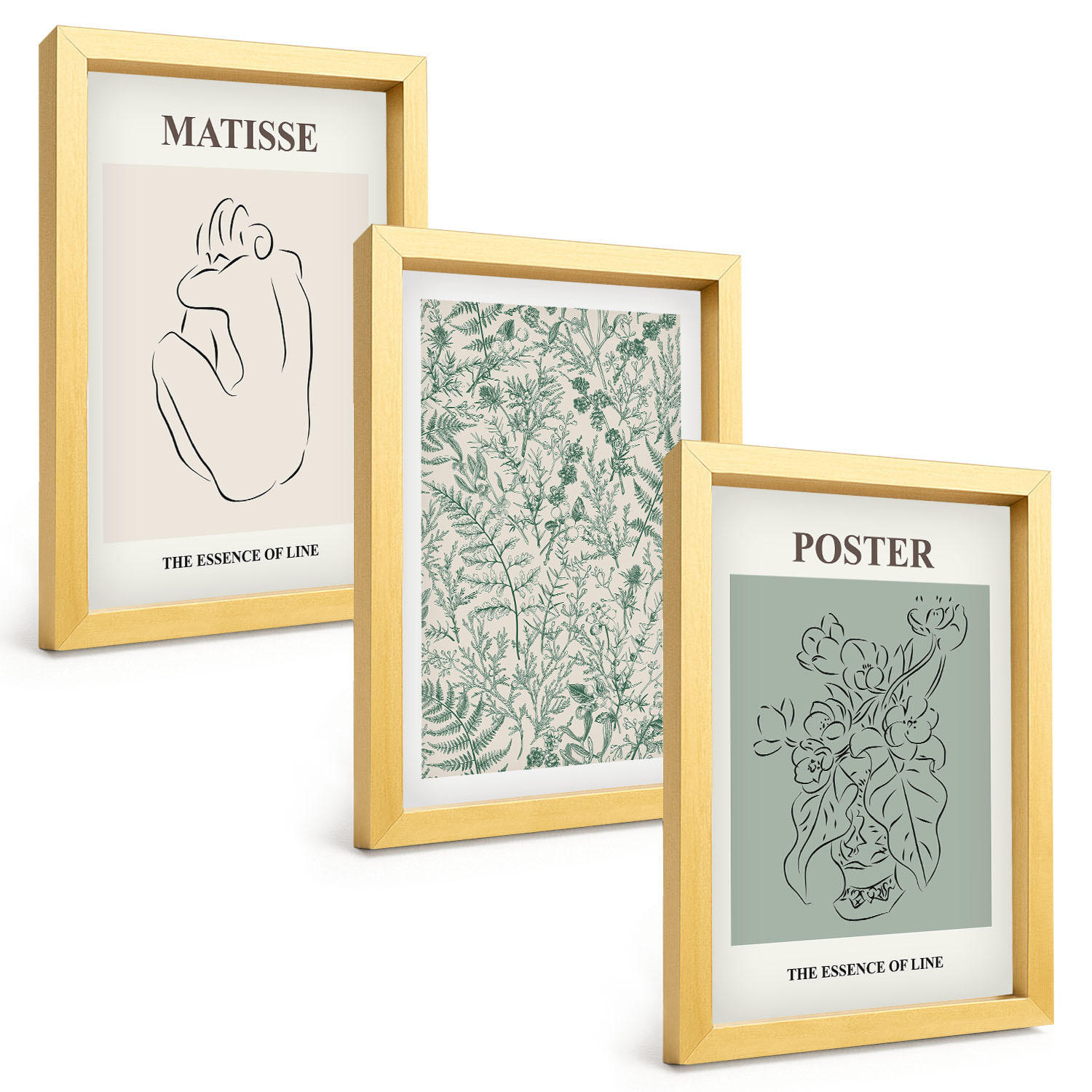 BILDER SET 3er Set - 20x30 cm Goldrahmen - Linien, Pflanzenmuster, Minimalismus - Goldfarben, Kunststoff (20/30cm) - TULUP