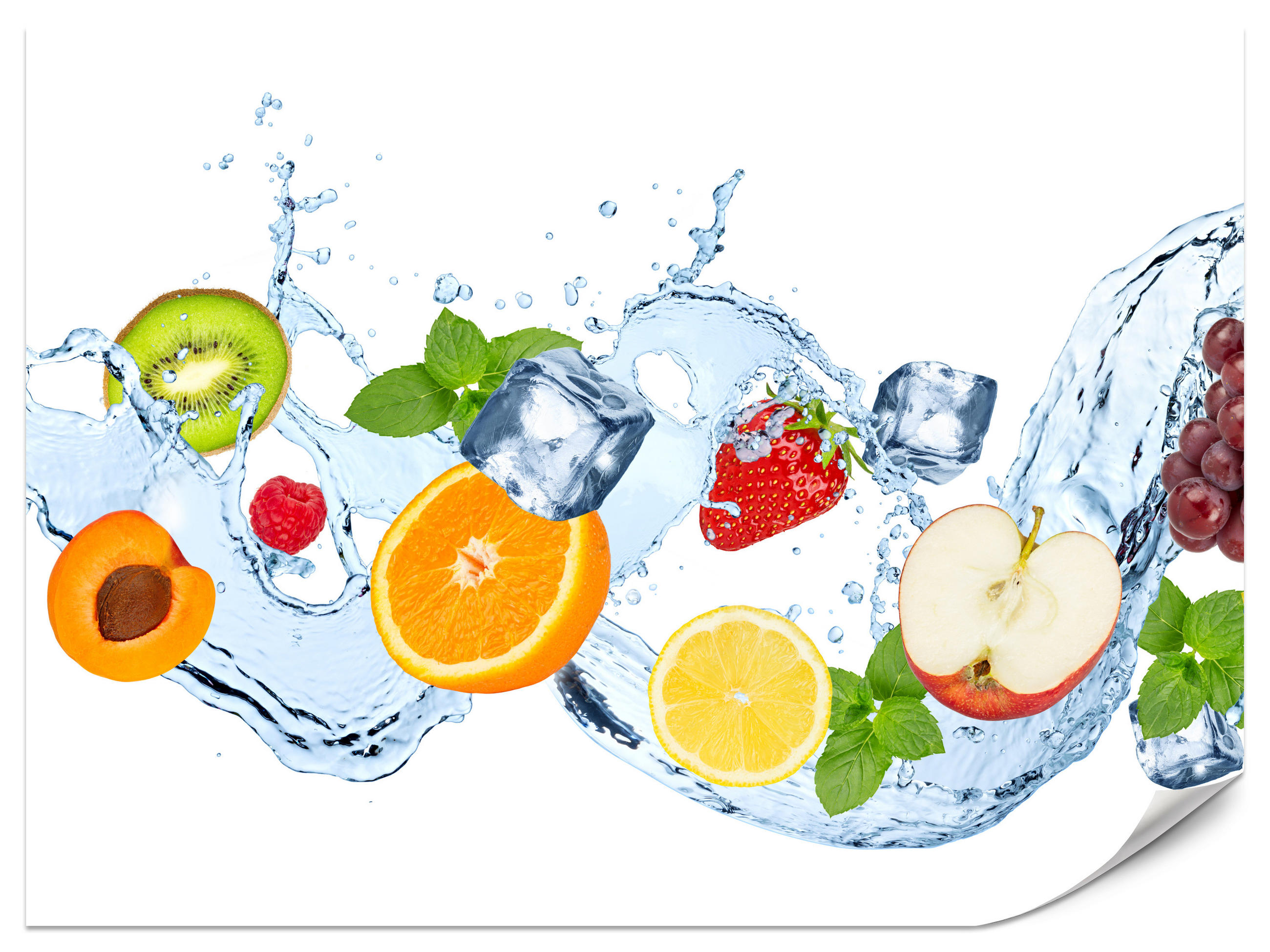 FOTOTAPETE für Küche Erfrischende Früchte Eis Wasser Orange Minze Zitrone Kiwi 400x280 - Gelb/Rot, Papier (400/280cm) - Muralo