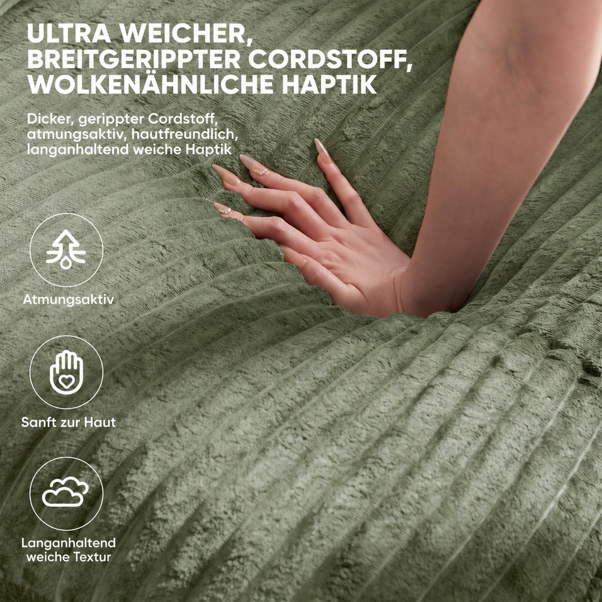 ECKSOFA 280/180/65 cm Grün Cord mit 1 Fußhocker - Grün, Textil (180/280cm) - Oxeza