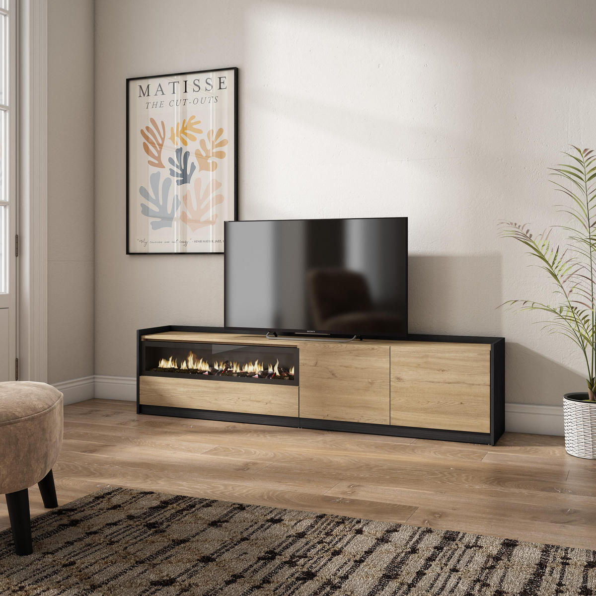 TV-SCHRANK, Lowboard, Eiche Schwarz, Elektrokamin, 207/37/50cm - Eichefarben, Holzwerkstoff (207/50/37cm) - Skraut Home