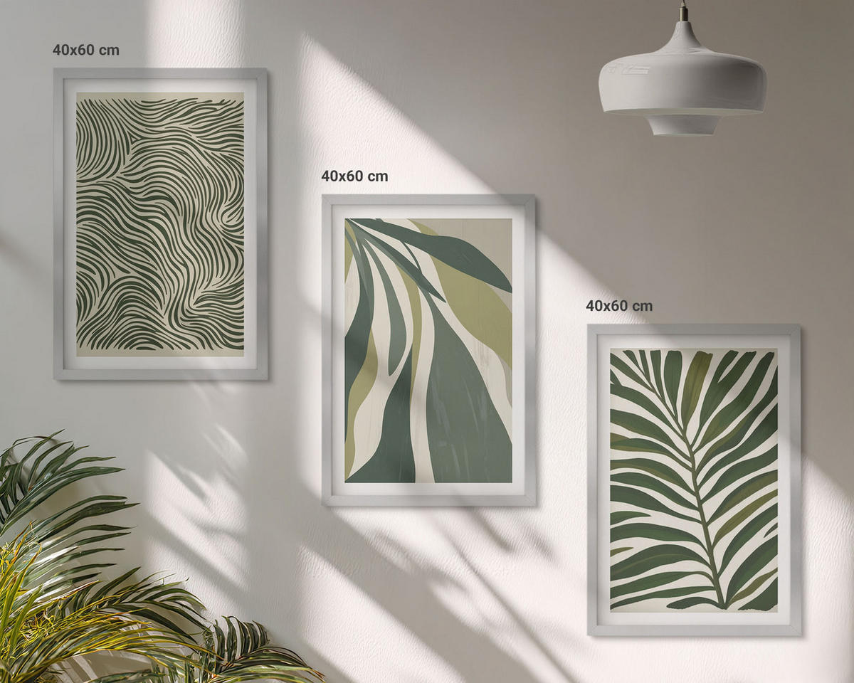 BILDER SET 3er Set - 40x60 cm Silberner Rahmen - Blätter mit wellenförmigen grünen Linien - Silberfarben, Kunststoff (40/60cm) - TULUP