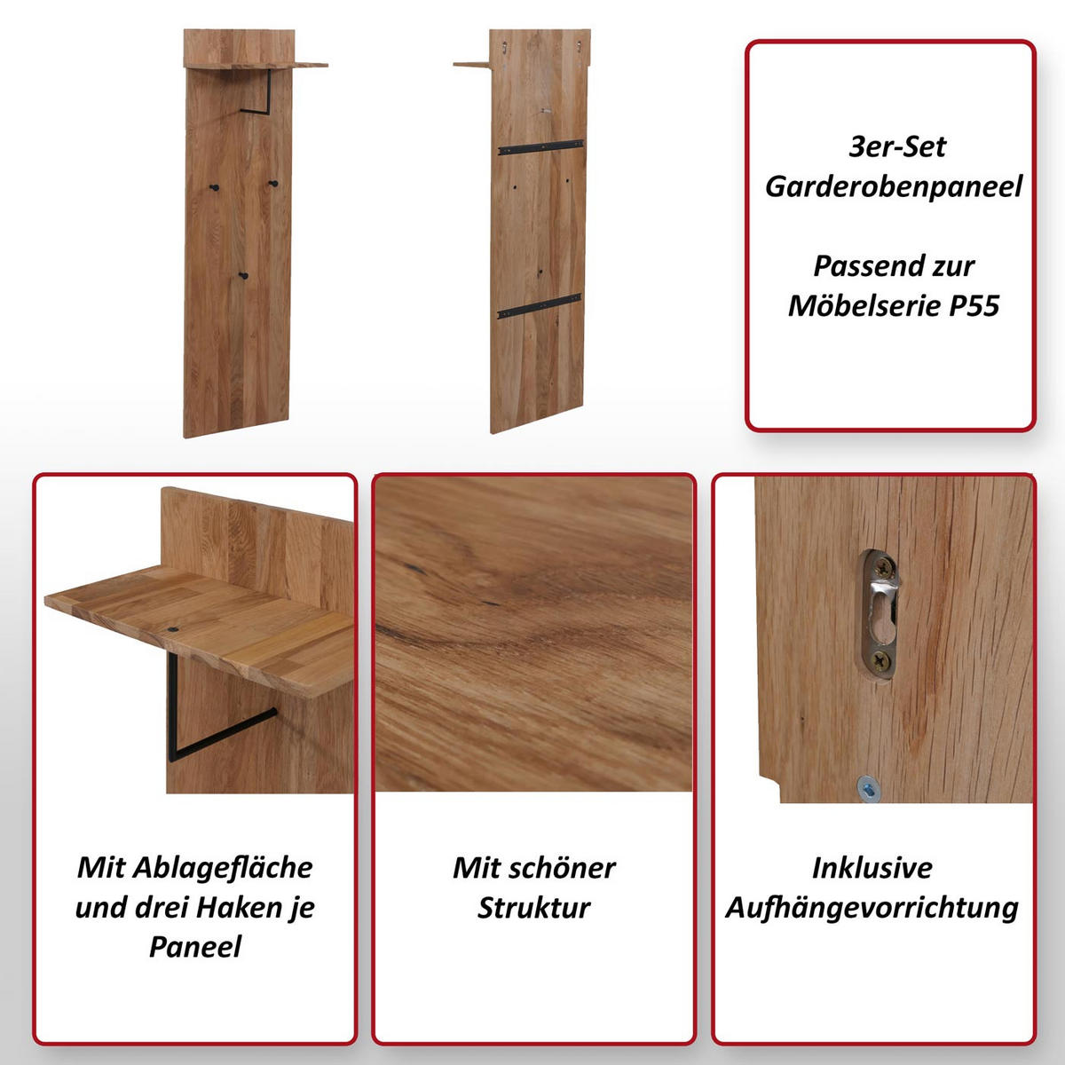 SADA 3 KUSŮ ŠATNÍKOVÝCH PANELŮ Dekor dub - dub Wotan, dřevo (42/135/22cm) - MCW
