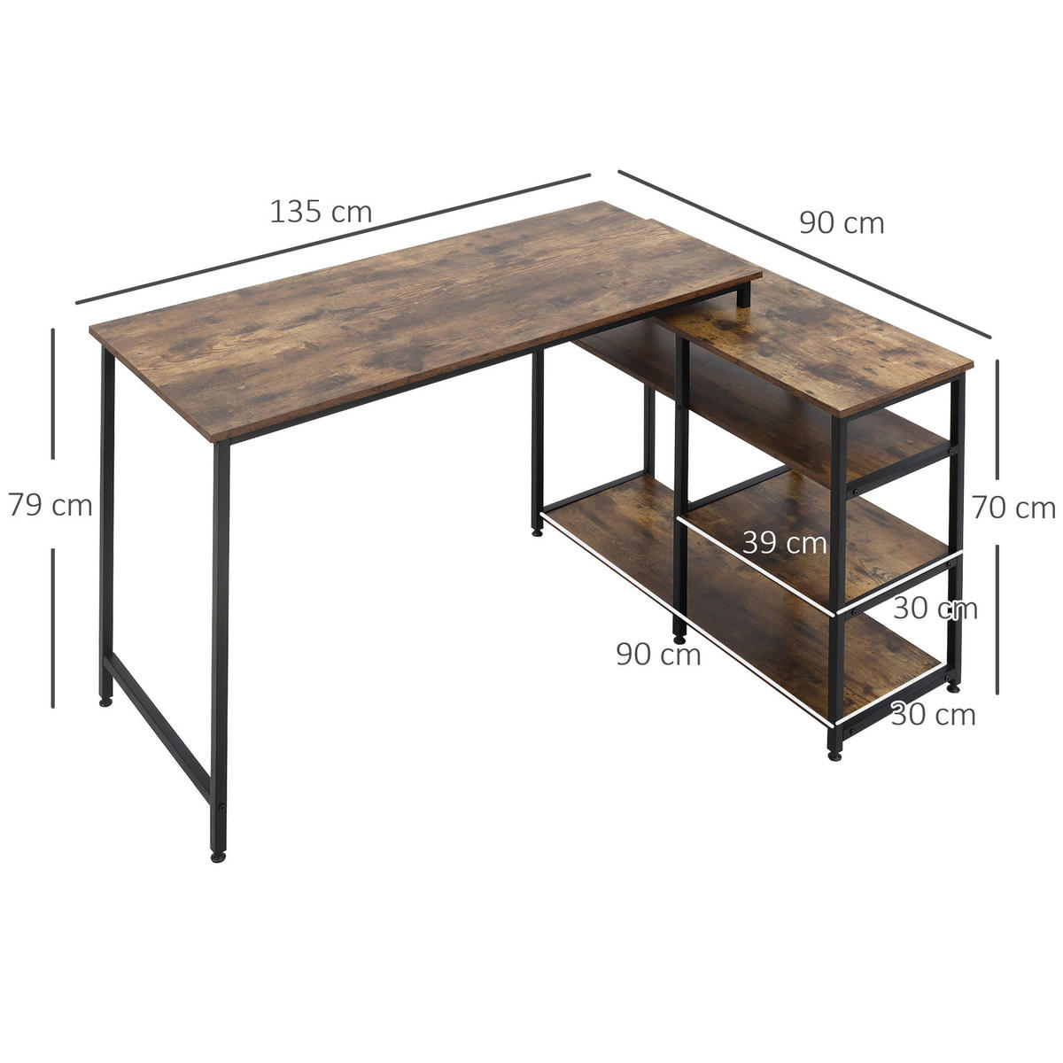 COMPUTERTISCH Bürotisch Regal platzsparend Spanplatte Metall Rustikales Braun - Braun, Kunststoff (135/90/79cm) - HOMCOM