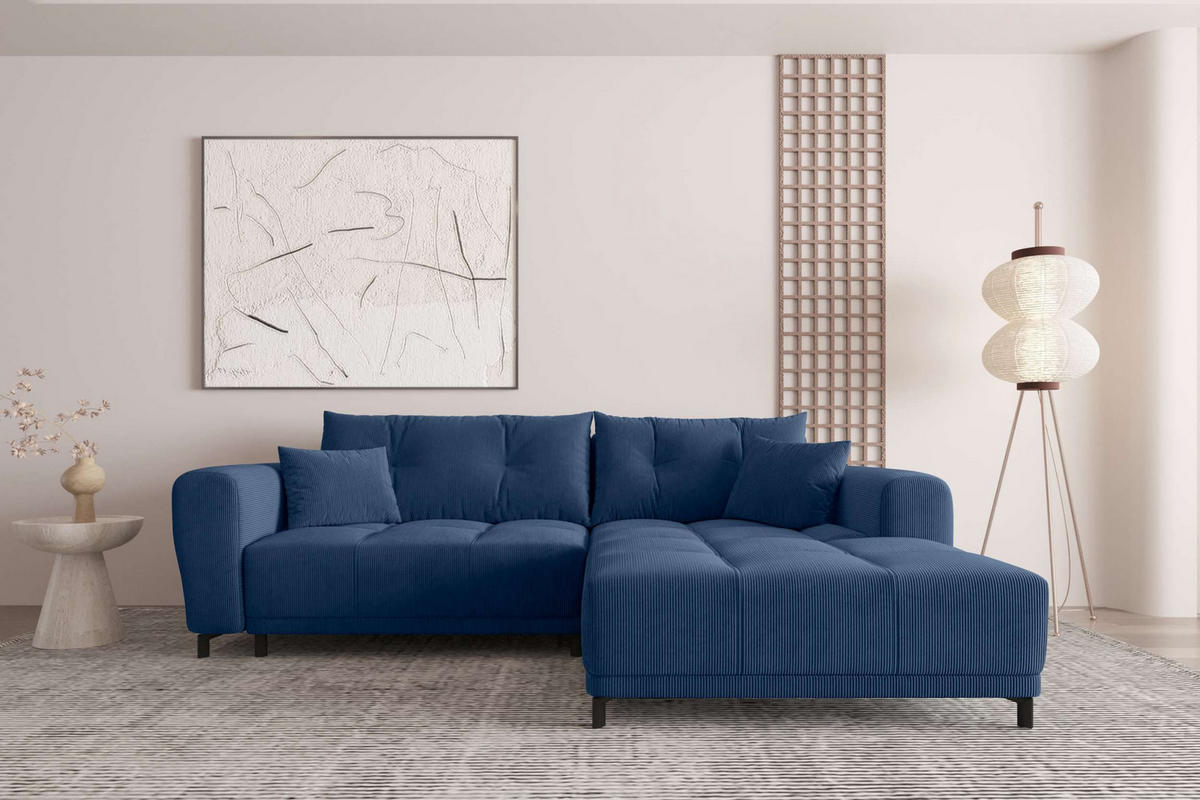 ECKSOFA Massimo Cordstoff Blau inkl. Schlaffunktion Rechts - Blau/Schwarz, Textil/Metall (246/177cm) - 99rooms