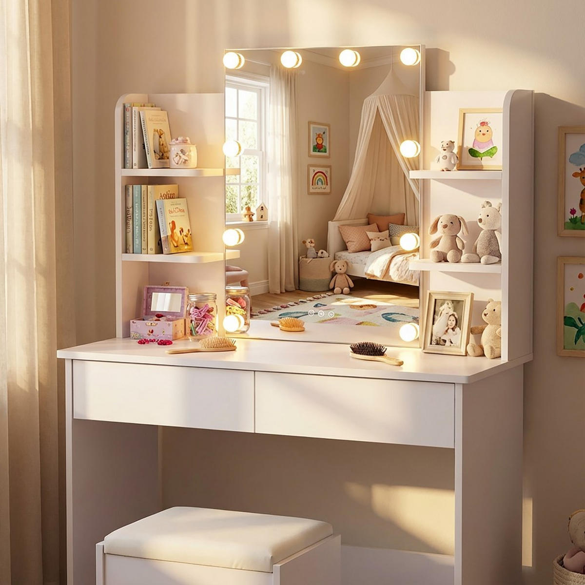 SCHMINKTISCH ALICE mit Spiegel, Beleuchtung und Hocker / Weiß - Weiß, Holzwerkstoff (90/135/40cm) - Weber Industries