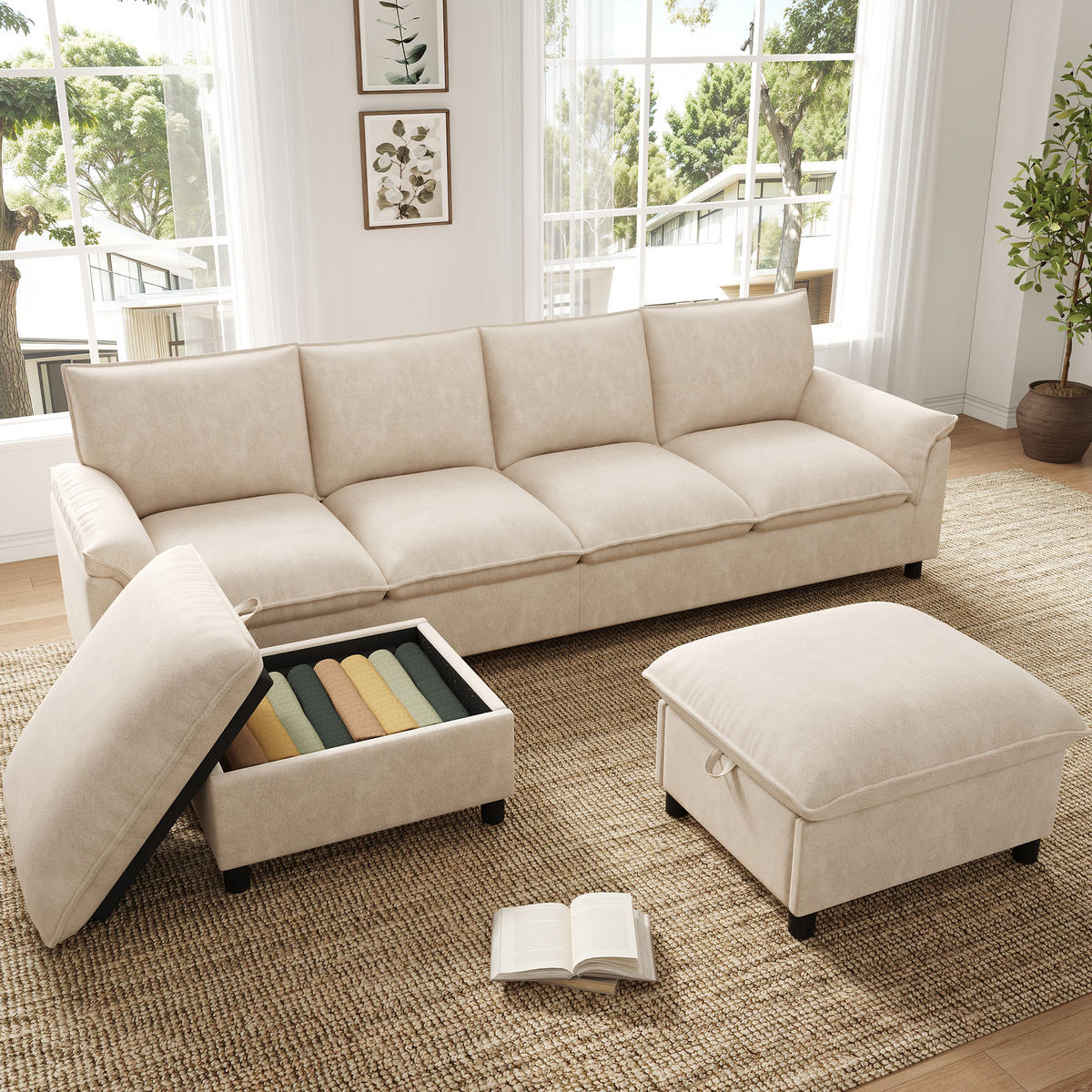 WOHNLANDSCHAFT 264.5/142.5/84 cm Beige mit 2 Aufbewahrungs-Ottomane - Beige, Textil (142.5/84/264.5cm) - Oxeza