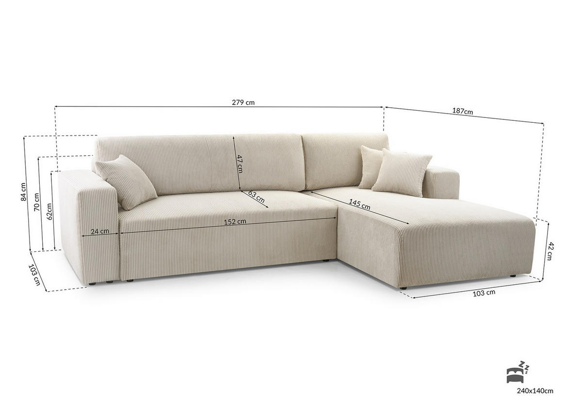 ECKSOFA PULA CORD BEIGE - Beige/Schwarz, Kunststoff/Textil (279/187cm) - Luxkor24