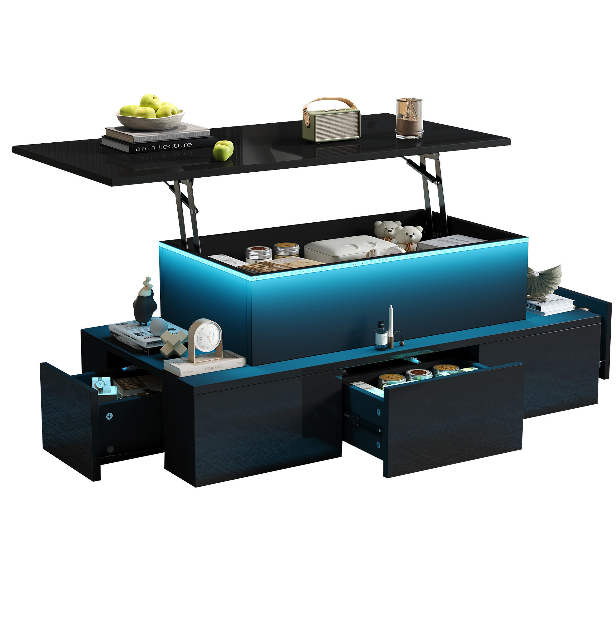 COUCHTISCH 100/50/40 cm mit Liftfunktion, LED-Beleuchtung, 4 Schubladen und Stauraum, Schwarz/Antik Eiche - Eichefarben, Holzwerkstoff (100/50/40cm) - Redom