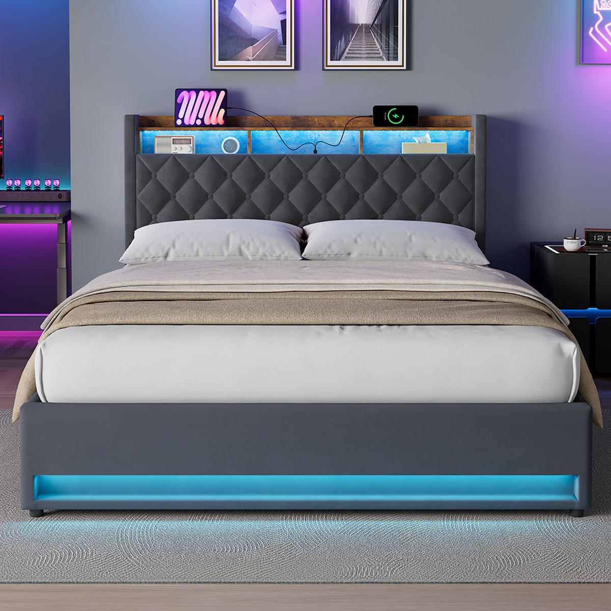 POLSTERBETT 160/200 cm mit Matratze und Bettkasten Boxspringbett mit Steckdose und LED-Licht, in Grau - Grau, Holzwerkstoff/Textil (160/200cm) - STILVORA