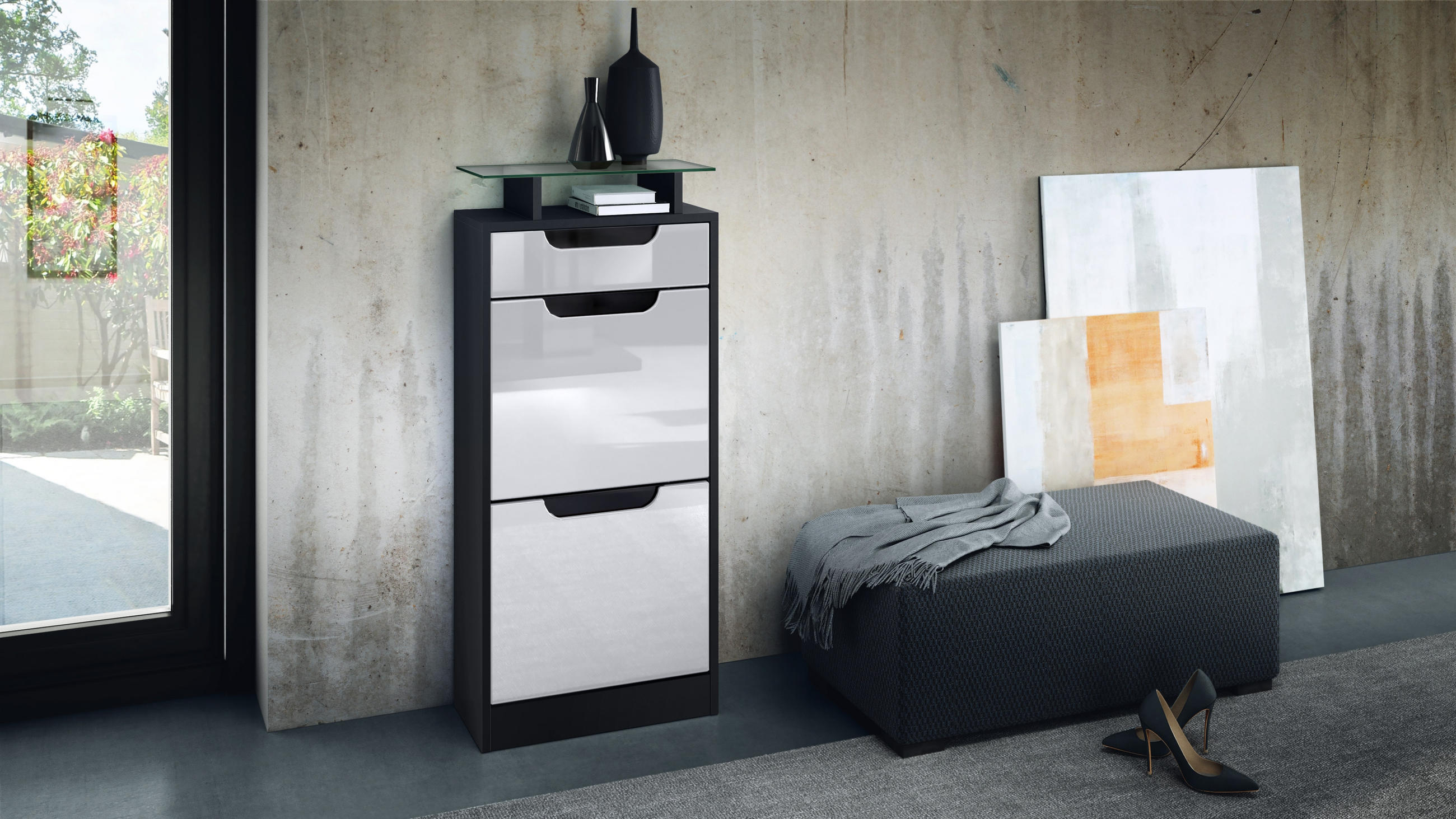 Thumbnail - Vladon Schuhschrank, Weiß Hochglanz, Holzwerkstoff, 46x104x23 cm, Garderobe, Schuhaufbewahrung, Schuhschränke