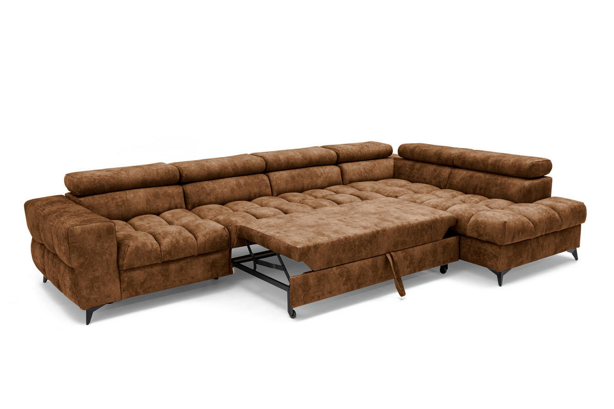 ECKSOFA PUDDING MAXI L Rechts mit Schlaffunktion 125x195 Velours Hellbraun - Hellbraun/Schwarz, Holz/Textil (203/350cm) - Muffo
