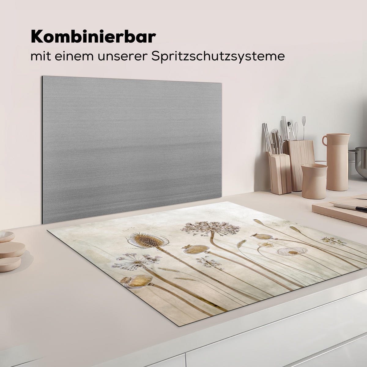 KRYT NA INDUKČNÍ DESKU Květiny - Akvarel - Zátiší - Hnědá - Vintage 78x78 cm - písková barva, plast (78/78/0.2cm) - MuchoWow