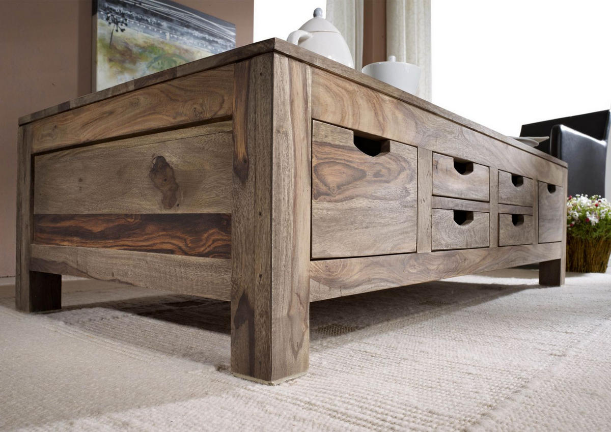 COUCHTISCH Sheesham 135x70x40 grau geölt NATURE GREY #43 - Grau, Holz (135/70/40cm) - Massivmoebel24