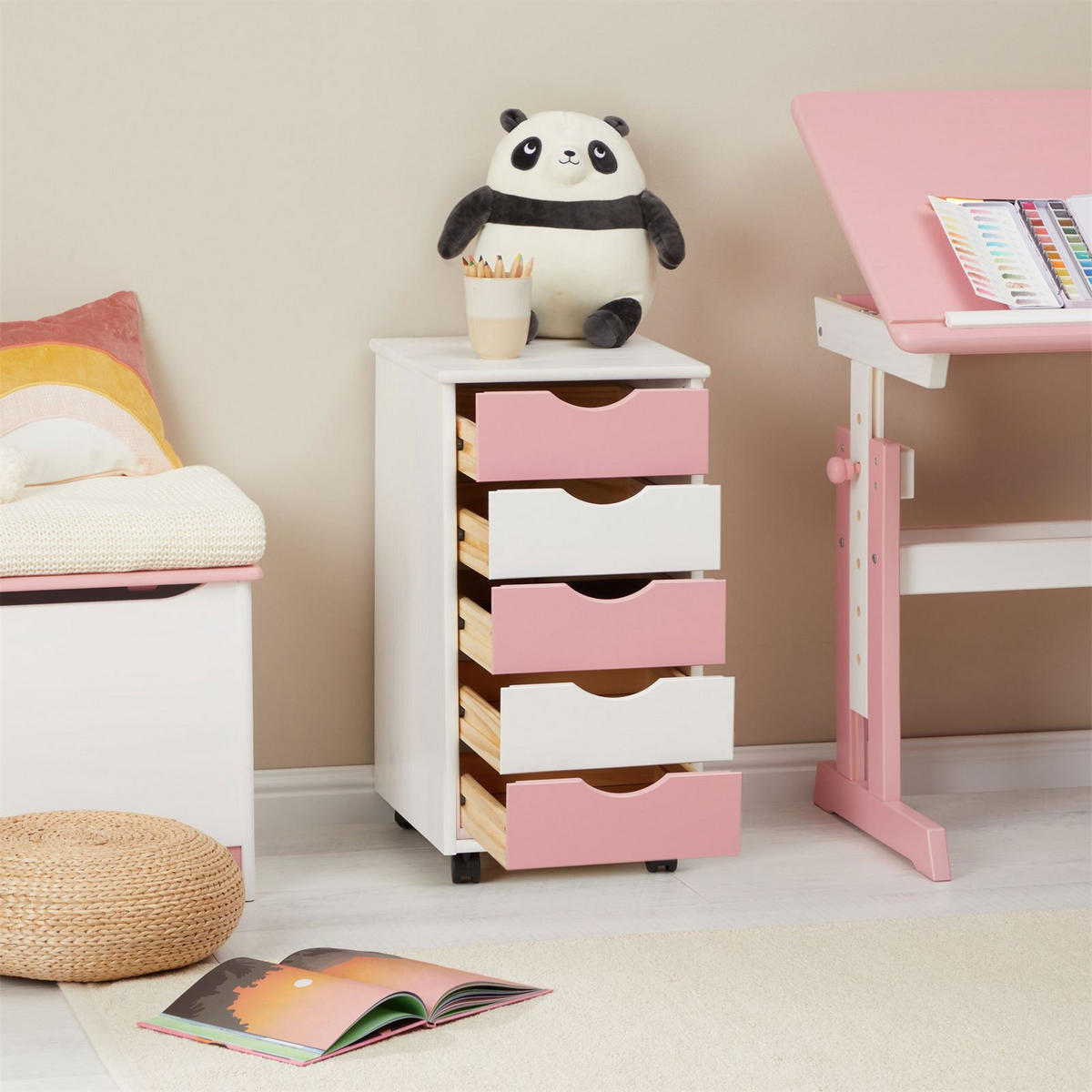 ROLLCONTAINER LAGOS - Weiß/Rosa, Holz (35/65/40cm) - IDIMEX