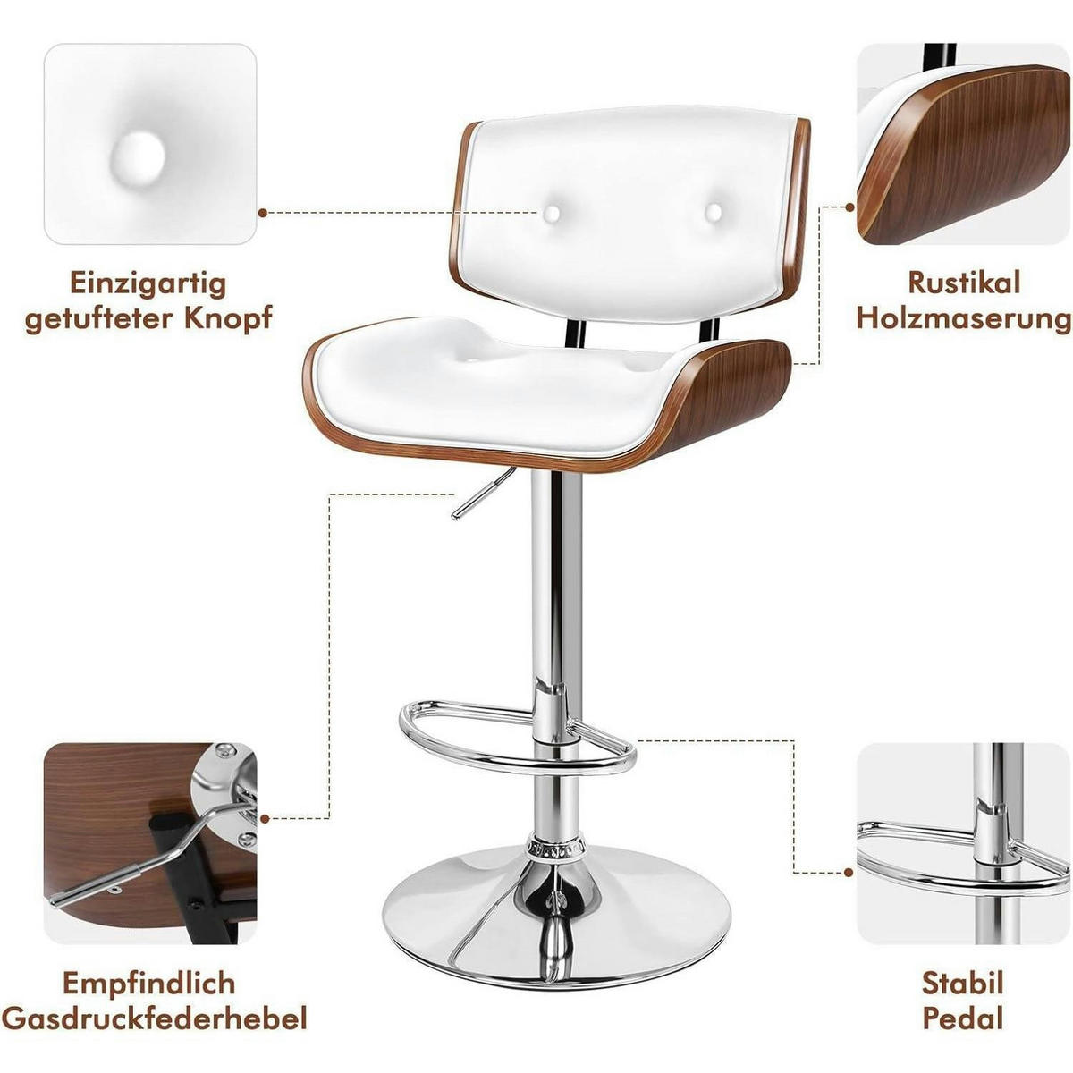 BARHOCKER Odette PU-Leder Weiß mit 360°-Drehung und Höhenverstellung - Weiß, Kunststoff (45/115.5/45cm)