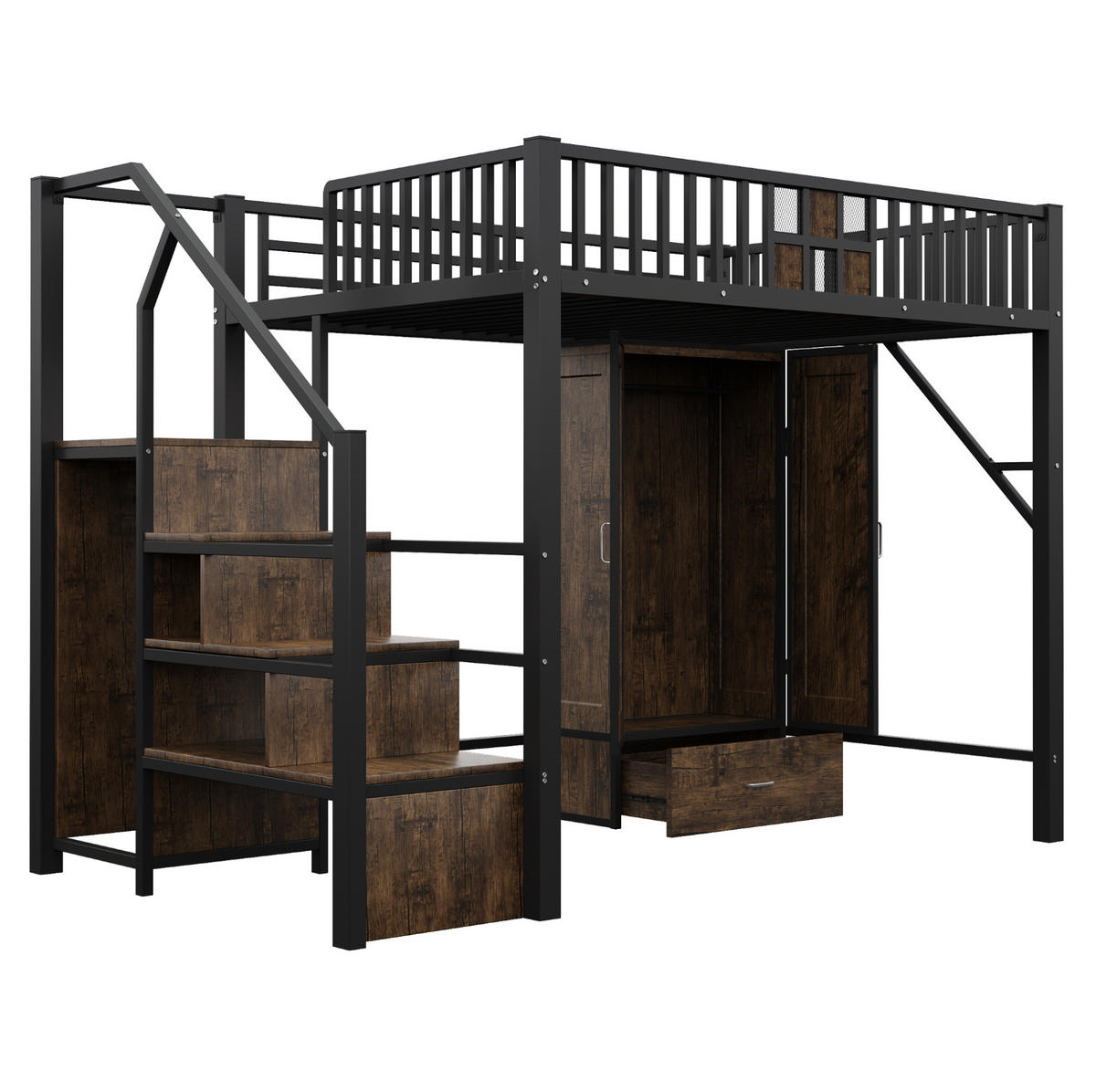 HOCHBETT 140/200 cm in Schwarz mit Kleiderschrank und Aufbewahrungsleiter - Schwarz, Metall (140/200cm) - Flora Grace