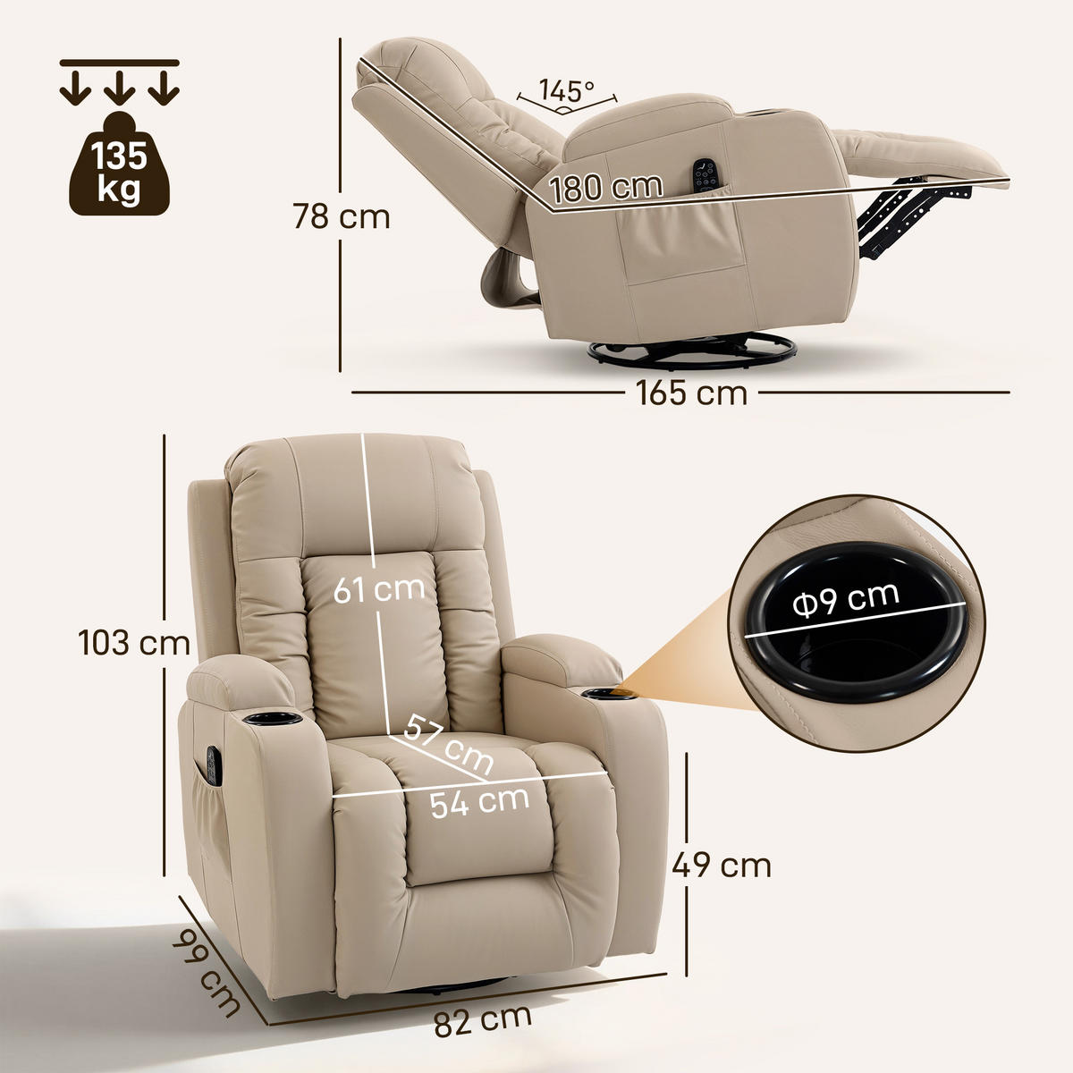 RELAXSESSEL elektrisch verstellbar Massagesessel mit Liegefunktion, Heizung - Hellgrau/Creme, Textil (82/103/99cm) - HOMCOM