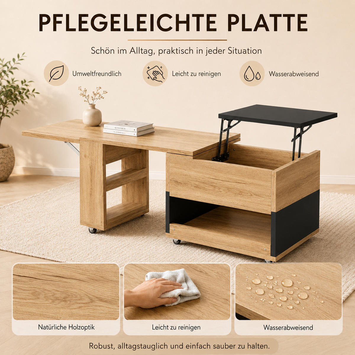 COUCHTISCH 360° drehbar mit Liftfunktion, Stauraum/Rollen, ausziehbar, - Eichefarben/Schwarz, Holz/Kunststoff (50/120/55cm) - LVHOM