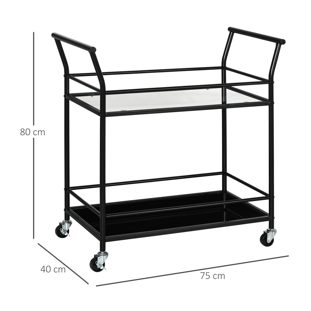 KÜCHENINSEL 75/40/80 cm mit 2 Glasablagen, Rollen und Bremsen, Stahl, Schwarz - Schwarz, Metall (75/80/40cm) - Redom