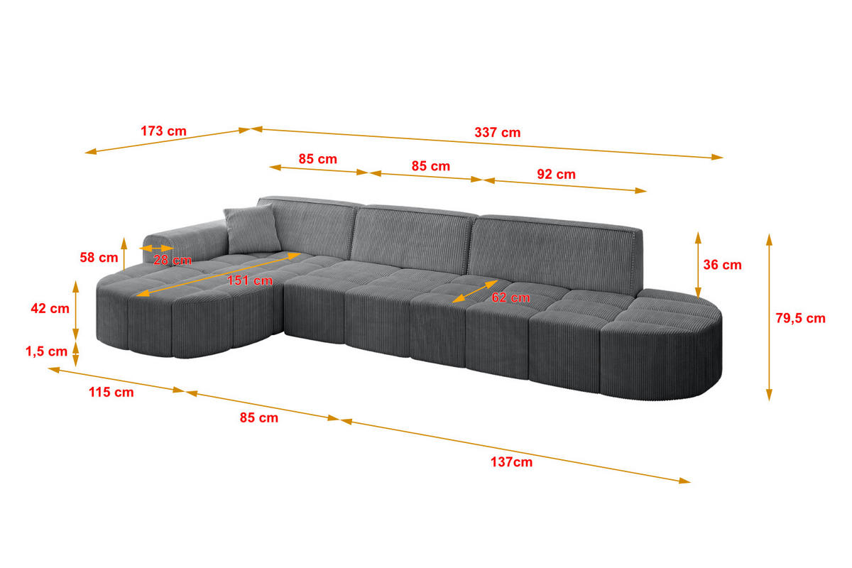 ECKSOFA Ottomane Links LIVO-L2 - 337x173x79,5 cm Dunkelgrau - Dunkelgrau, Holzwerkstoff/Textil (337/173cm) - ALTDECOR