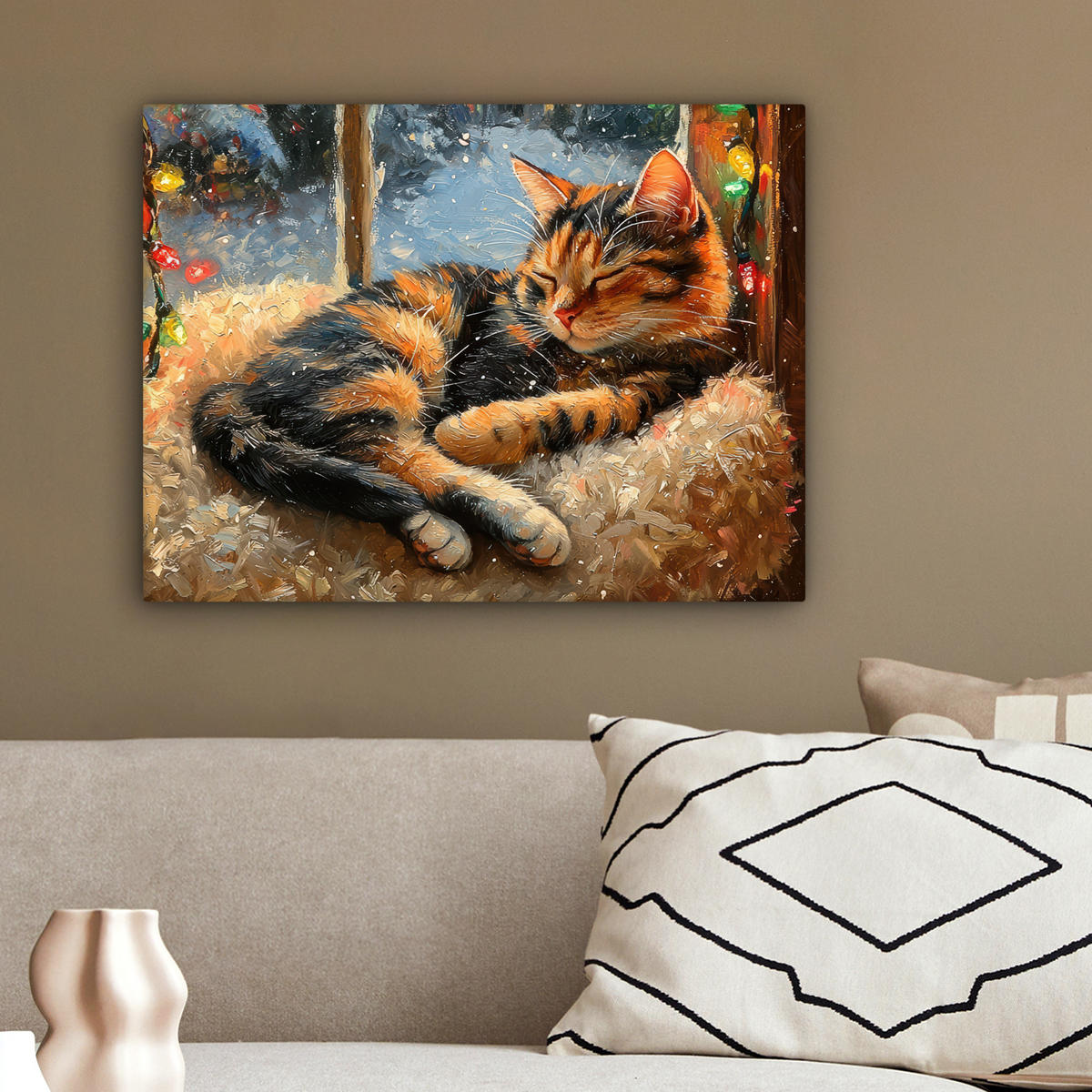 LEINWANDBILD Katze - Weihnachten - Winter - Tier 40x30 cm - Bernsteinfarben, Textil (40/30cm) - MuchoWow