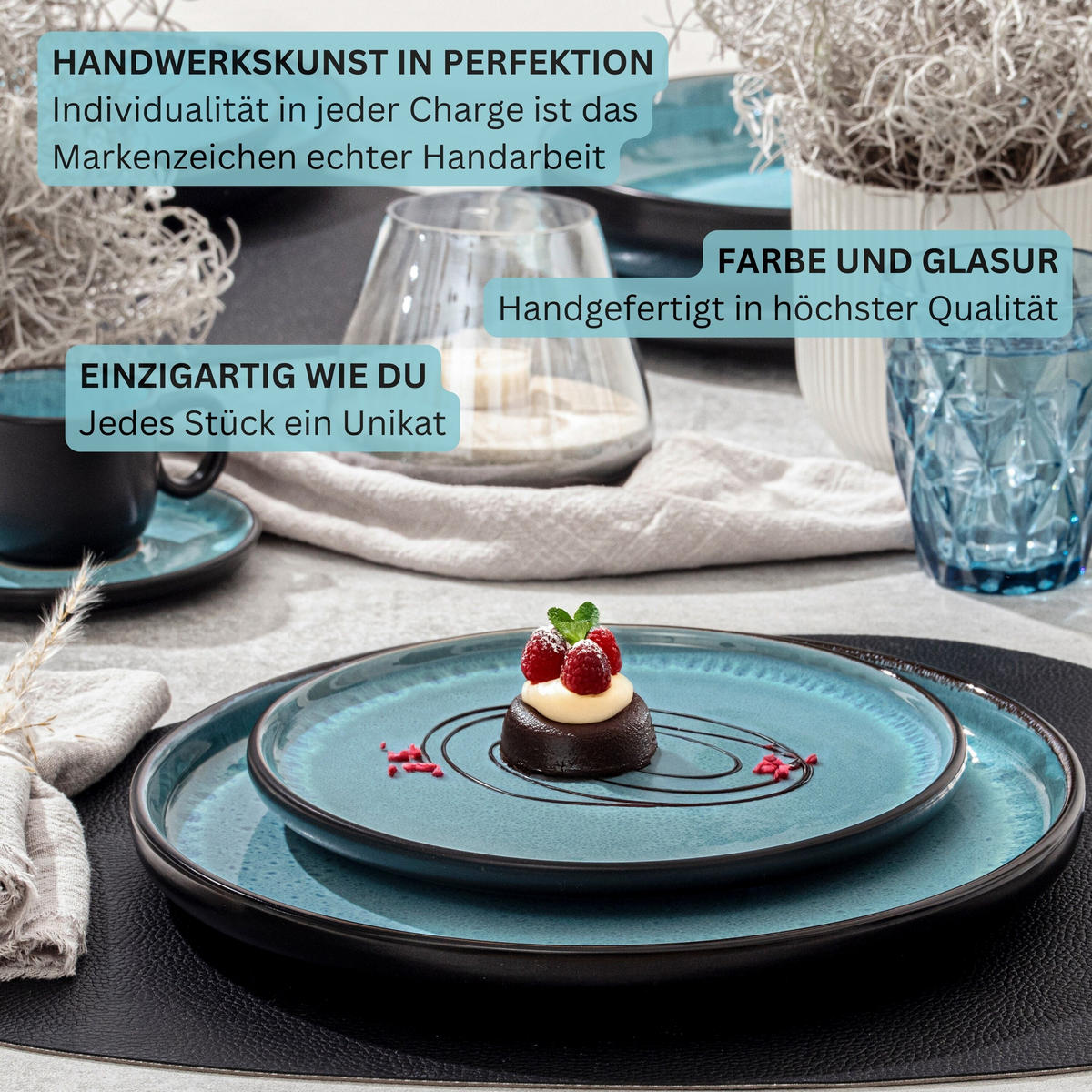 DESSERTTELLER SET GRANADA - 6 teilig aus Steingut - Blau, Stein (20.5cm) - Sänger