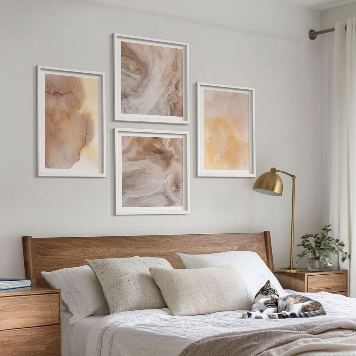 WANDBILDER 4er-Set - 50x50 cm & 40x60 cm Weißer Rahmen - Warme Aquarellfarben auf Leinwand - Weiß, Kunststoff (50/50cm) - ArtPrintCave