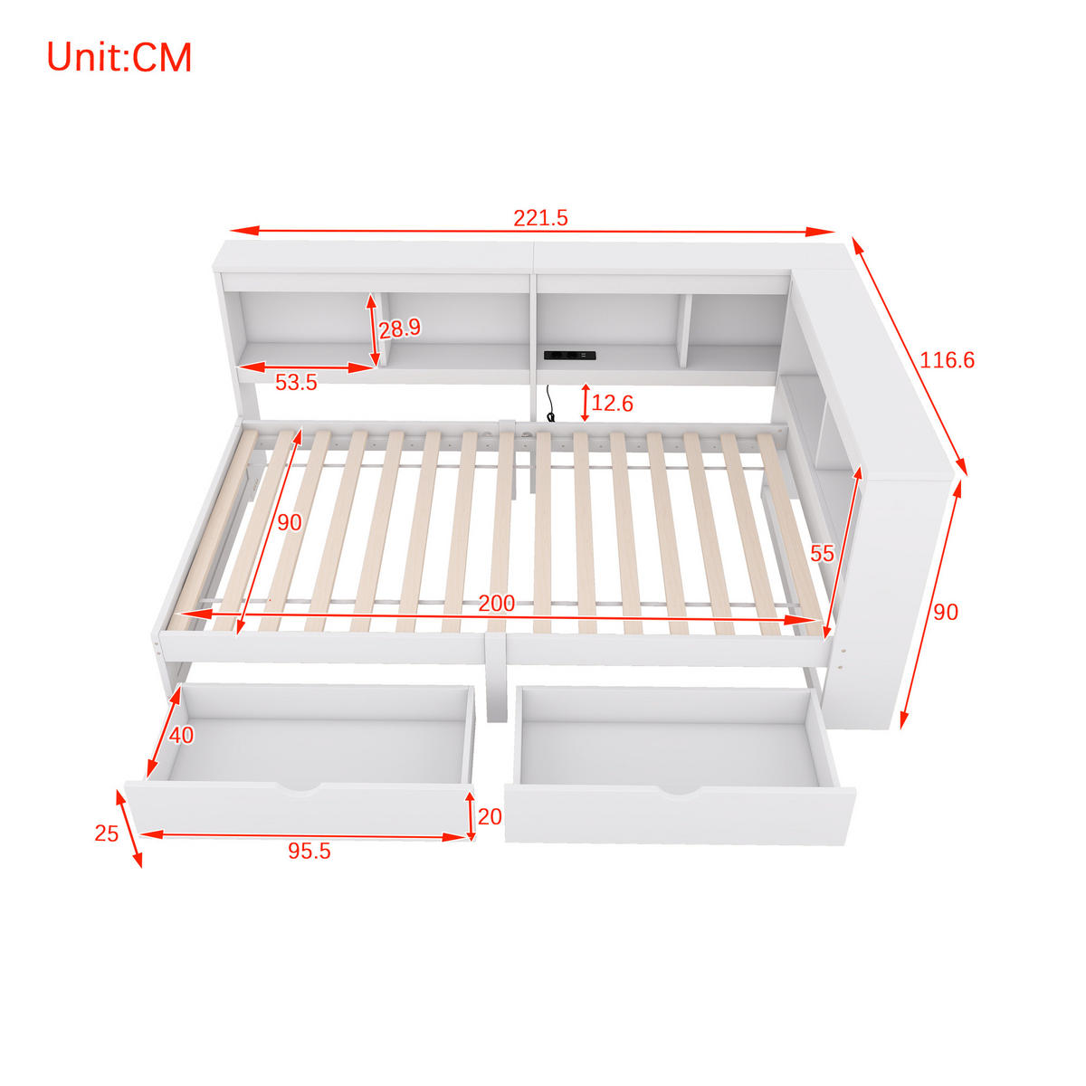 TAGEBETT 90x200cm Weiß Spanplatte 2 Schubladen Steckdose USB - Weiß, Holz (90/200cm) - FLIEKS
