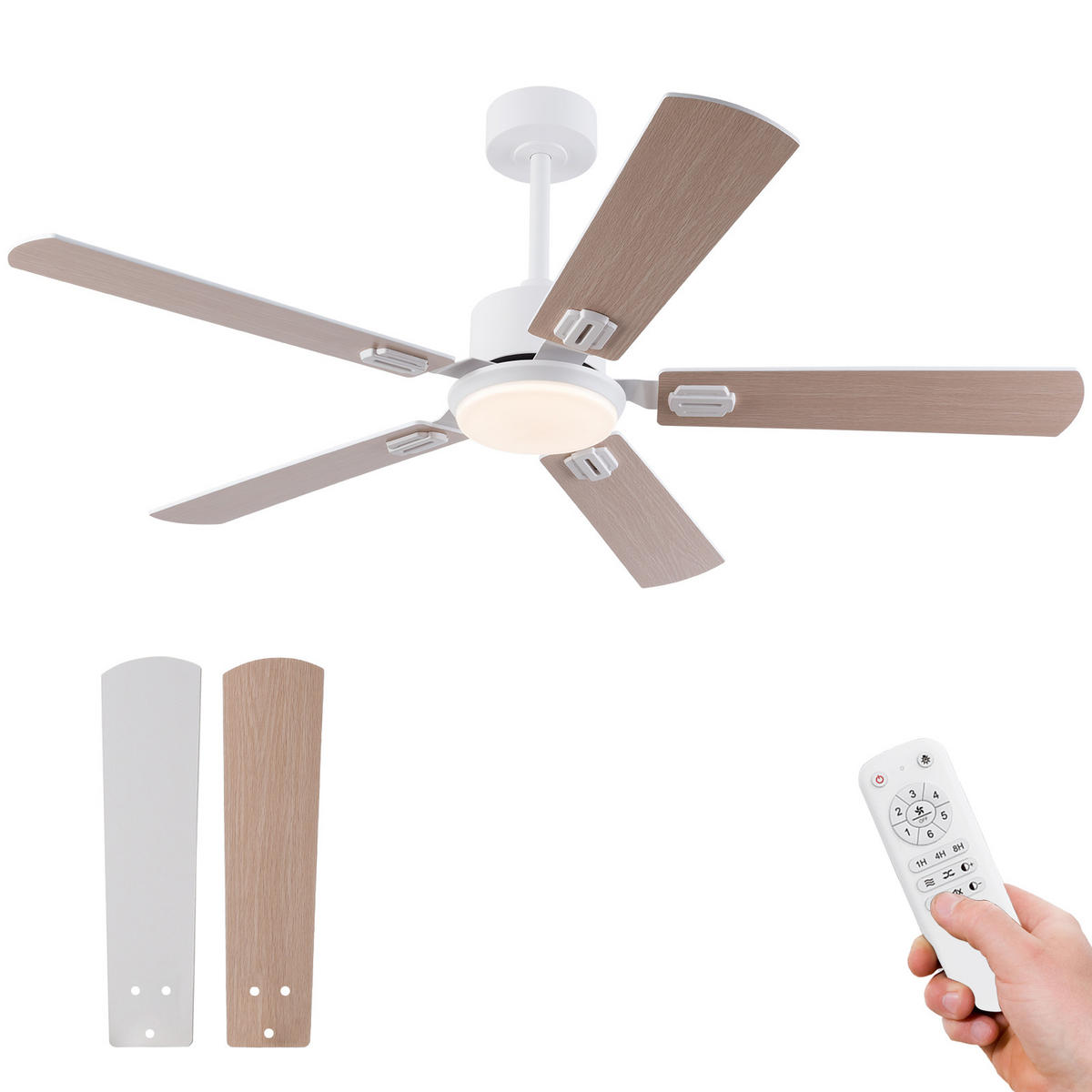 DECKENVENTILATOR 52Zoll LED Licht 5 Flügel Doppelfinish Weiß Holz - Weiß, Kunststoff (132/132/45cm) - CASIVA