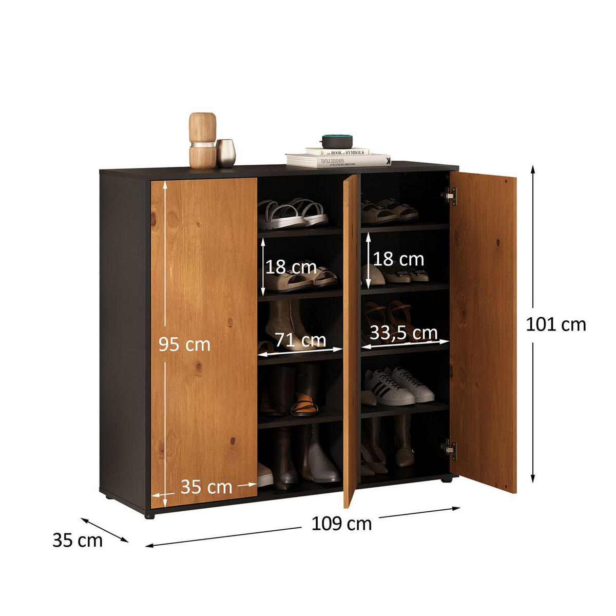 SCHUHSCHRANK MIRAN schwarz/Eiche - Eichefarben/Schwarz, Holz (109/100/35cm) - IDIMEX